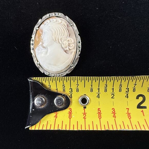 Vtg Cameo Carved Shell Pendant Brooch Lady Left Profile Italy 800 Silver Lg - Picture 8 of 9